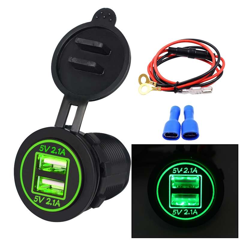 Universal Car Dual USB Charger Power Outlet Adapter 4.2A 5V IP66 with Aperture + 60cm Cable(Blue Lig