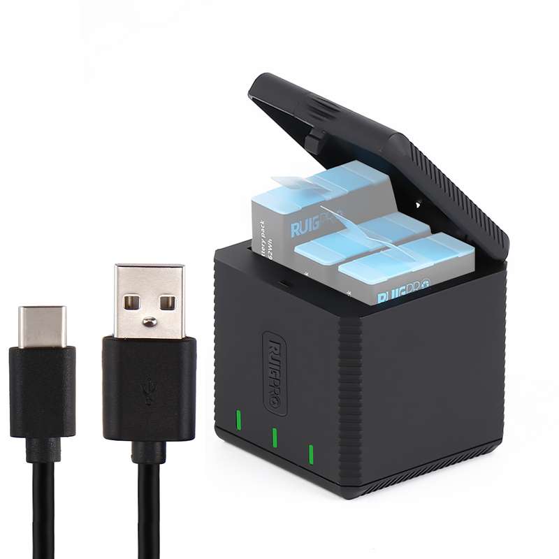 RUIGPRO USB Triple Batteries Housing Charger Box with Cable & Indicator Light for GoPro HERO9 Black