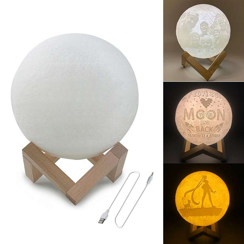Customized Patted 3-color 3D Print Lamp USB Charging Energy-saving LED Night Light with Wooden Holde