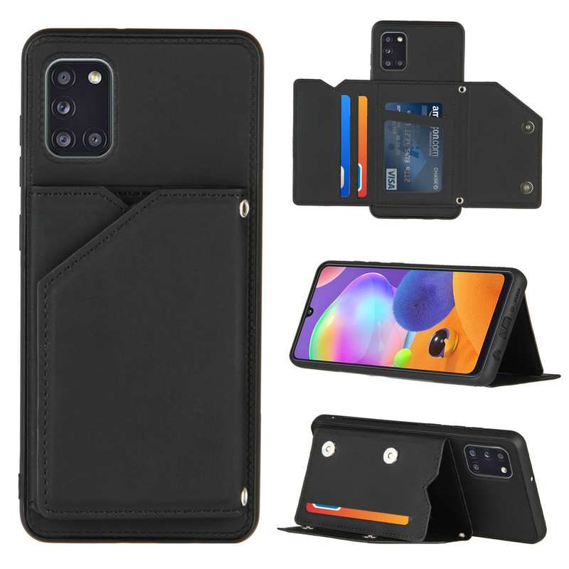 For Samsung Galaxy A31 Skin Feel PU + TPU + PC Back Cover Shockproof Case with Card Slots & Holder &