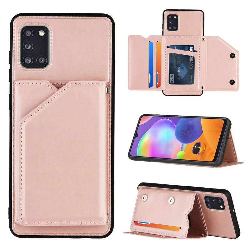 For Samsung Galaxy A31 Skin Feel PU + TPU + PC Back Cover Shockproof Case with Card Slots & Holder &