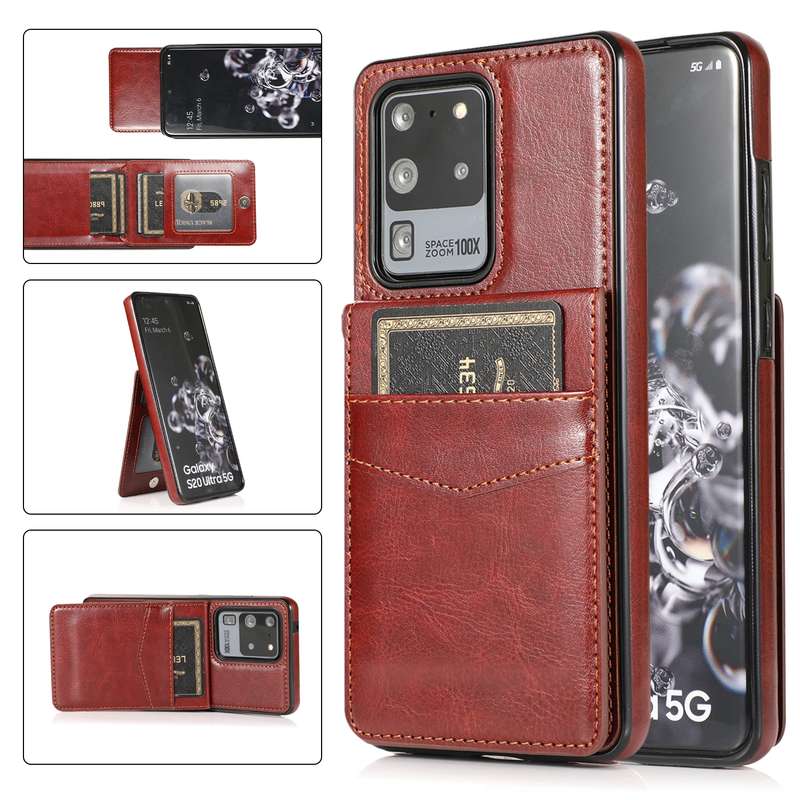For Samsung Galaxy S20 Ultra Solid Color PC + TPU Protective Case with Holder & Card Slots(Brown)