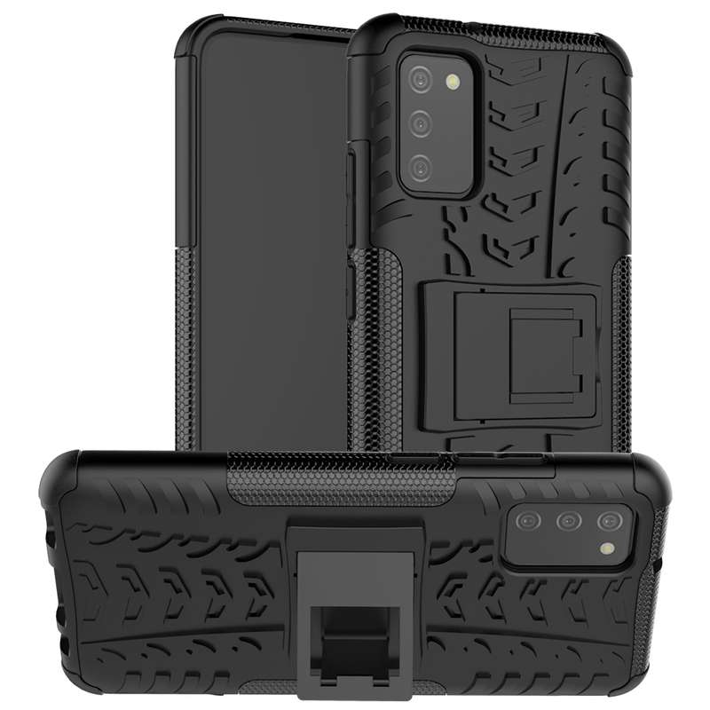 For Samsung Galaxy A02s (EU Version) Tire Texture Shockproof TPU+PC Protective Case with Holder(Blac