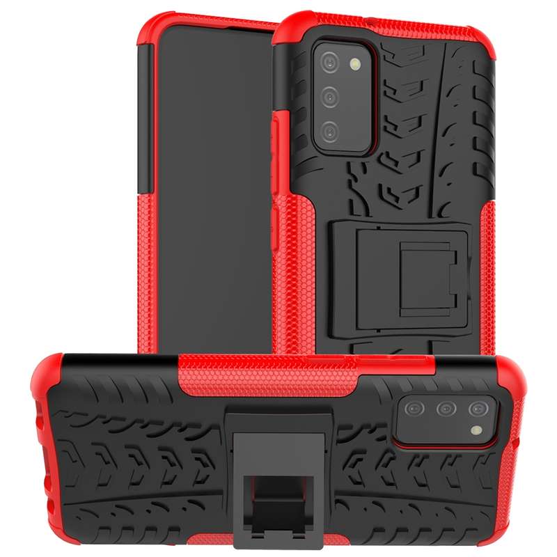 For Samsung Galaxy A02s (EU Version) Tire Texture Shockproof TPU+PC Protective Case with Holder(Blac