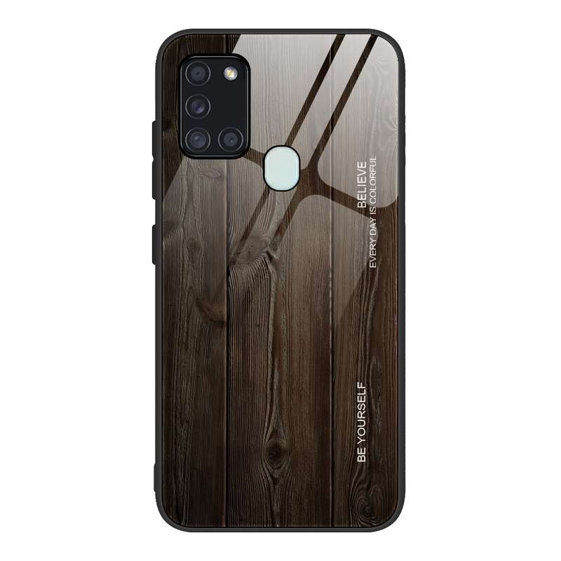 For Samsung Galaxy A21s Wood Grain Tempered Glass + TPU Shockproof Case(M03)