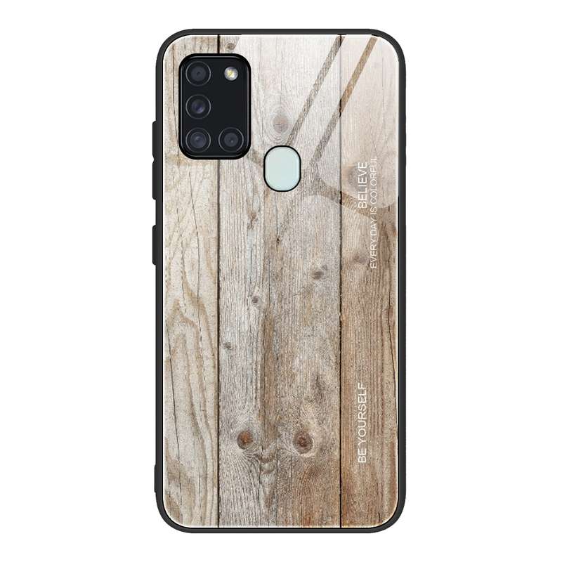 For Samsung Galaxy A21s Wood Grain Tempered Glass + TPU Shockproof Case(M03)