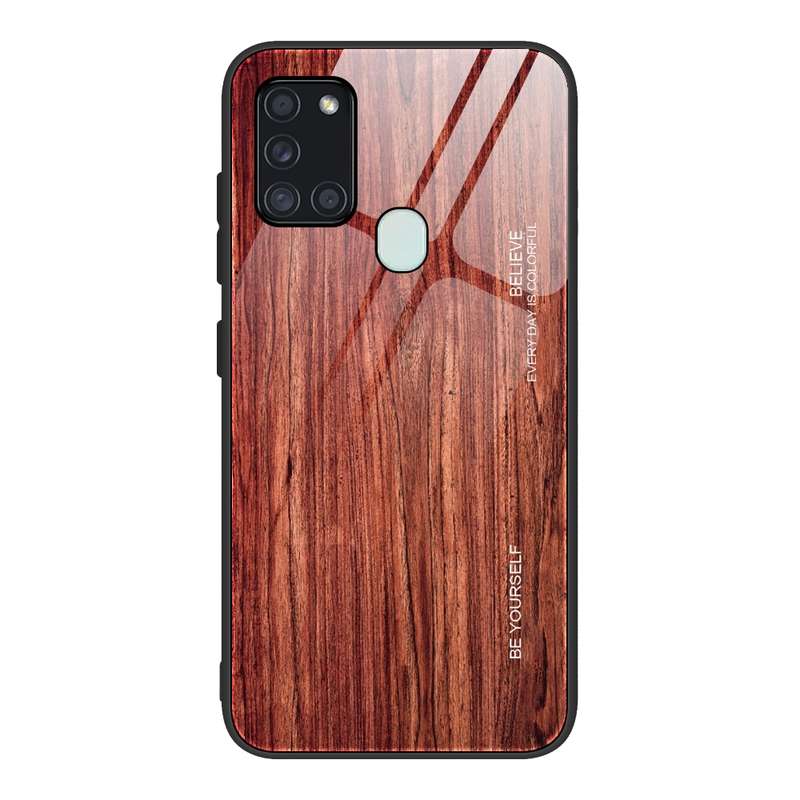 For Samsung Galaxy A21s Wood Grain Tempered Glass + TPU Shockproof Case(M03)