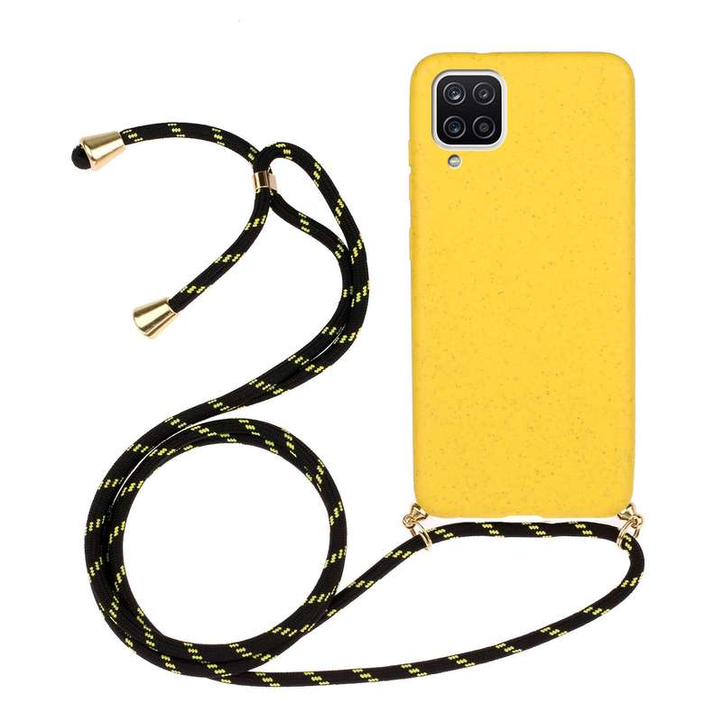For Samsung Galaxy A12 Wheat Straw Material + TPU Protective Case with Lanyard(Black)