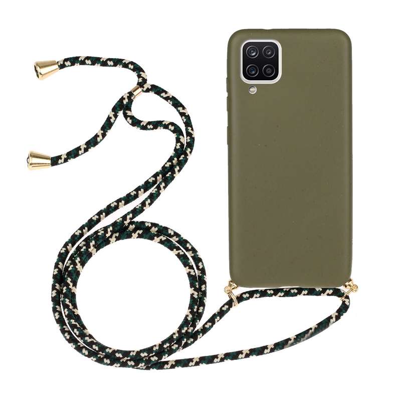 For Samsung Galaxy A12 Wheat Straw Material + TPU Protective Case with Lanyard(Black)