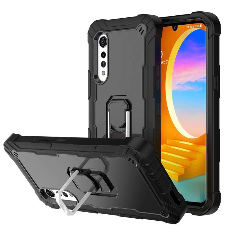 For LG Velvet PC + Rubber 3-layers Shockproof Protective Case with Rotating Holder(Black + Blue)