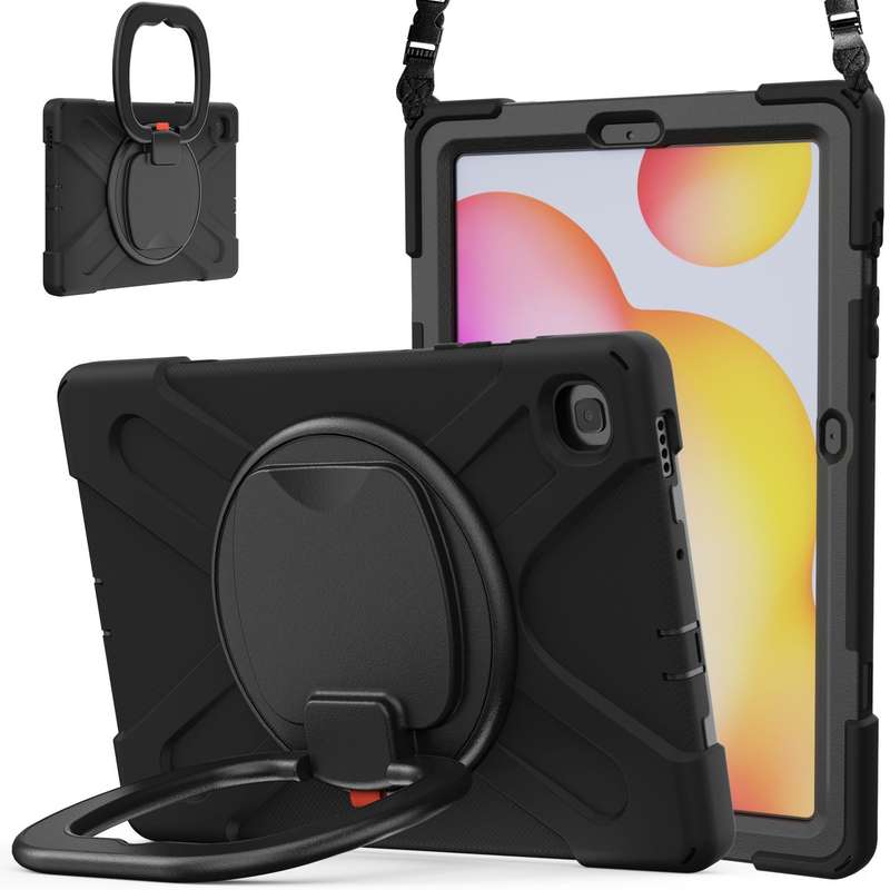 For Samsung Galaxy Tab S6 Lite P610 Silicone + PC Protective Case with Holder & Shoulder Strap(Black