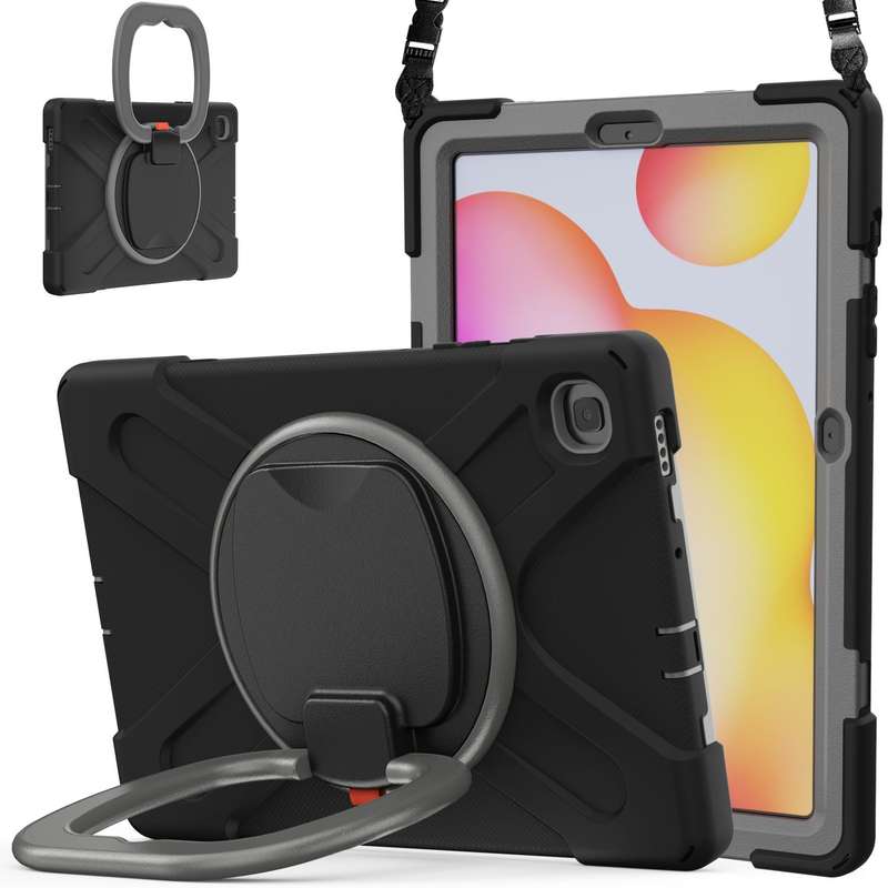 For Samsung Galaxy Tab S6 Lite P610 Silicone + PC Protective Case with Holder & Shoulder Strap(Black
