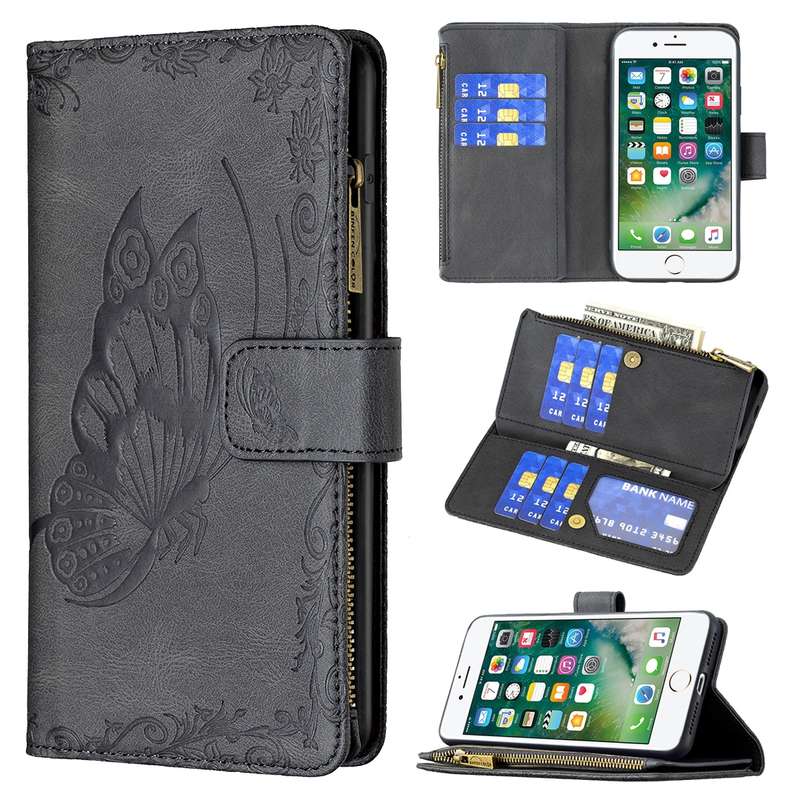 For iPhone XR Flying Butterfly Embossing Pattern Zipper Horizontal Flip Leather Case with Holder & C