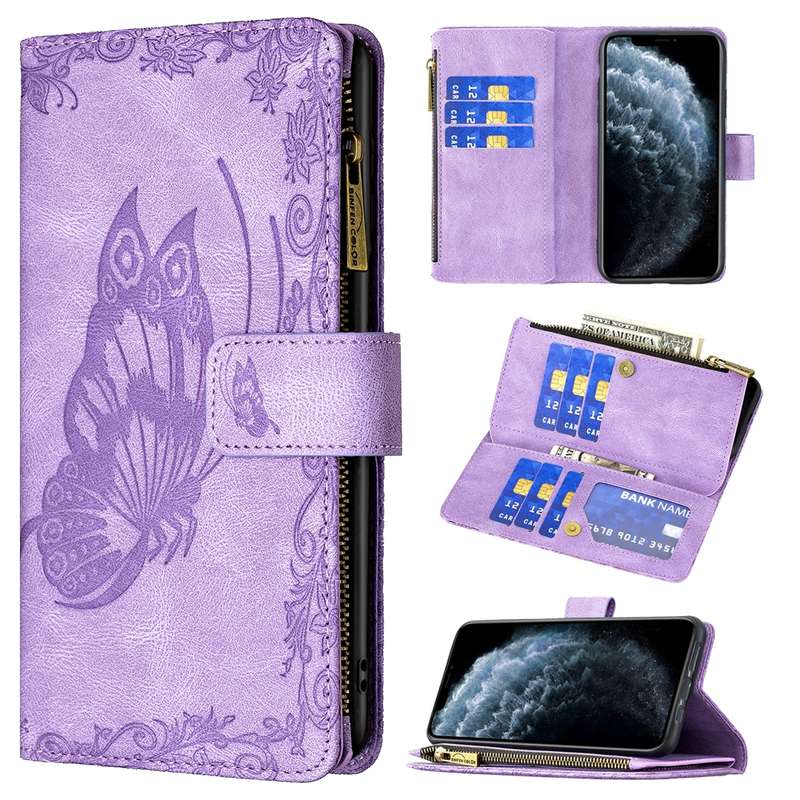 For iPhone XR Flying Butterfly Embossing Pattern Zipper Horizontal Flip Leather Case with Holder & C