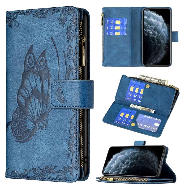 For iPhone XR Flying Butterfly Embossing Pattern Zipper Horizontal Flip Leather Case with Holder & C