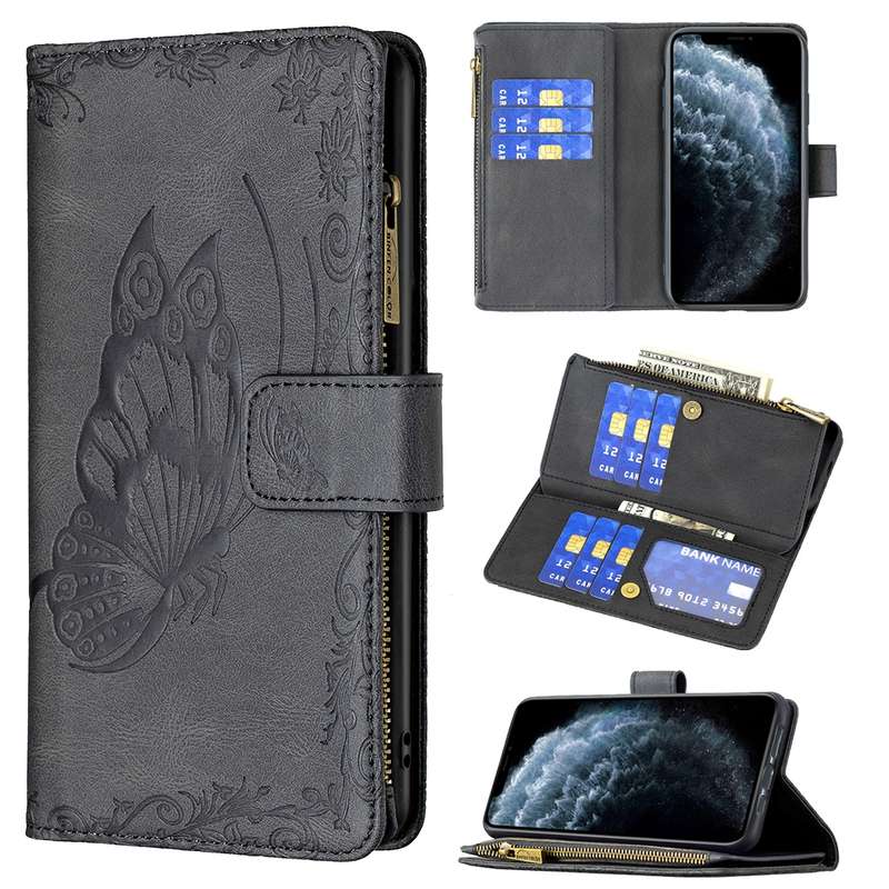 For iPhone XR Flying Butterfly Embossing Pattern Zipper Horizontal Flip Leather Case with Holder & C
