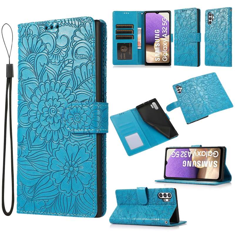 For Samsung Galaxy A32 5G Skin Feel Embossed Sunflower Horizontal Flip Leather Case with Holder & Ca