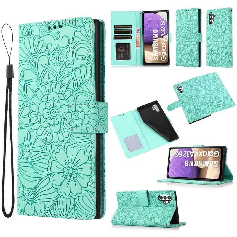 For Samsung Galaxy A32 5G Skin Feel Embossed Sunflower Horizontal Flip Leather Case with Holder & Ca