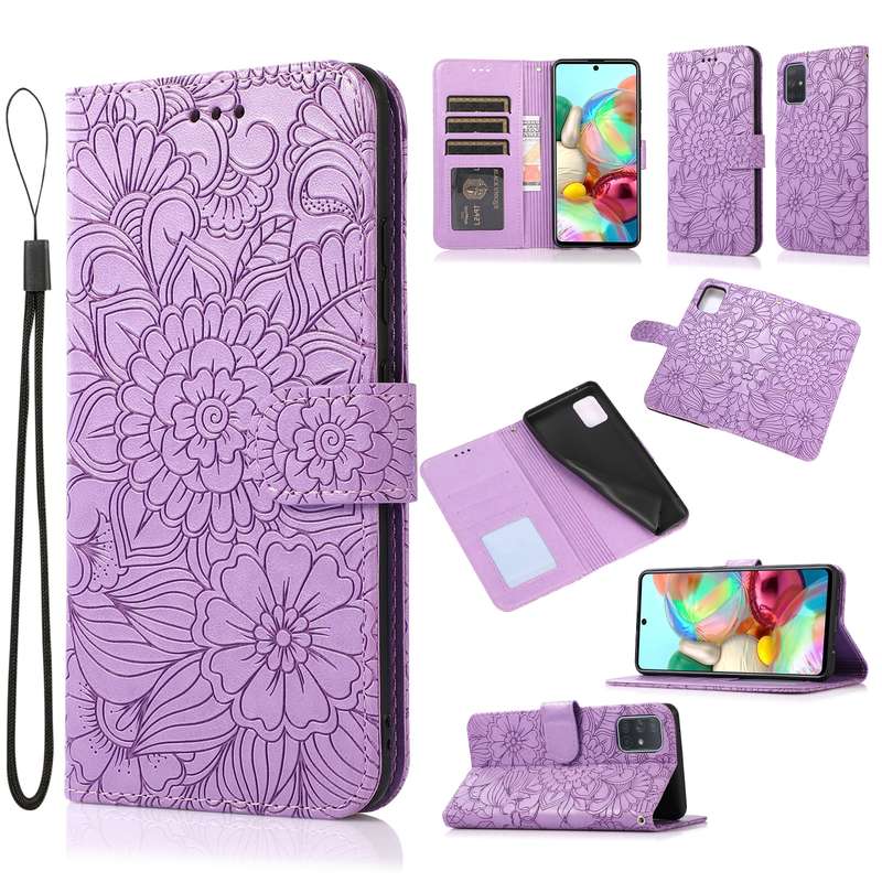 For Samsung Galaxy A71 Skin Feel Embossed Sunflower Horizontal Flip Leather Case with Holder & Card