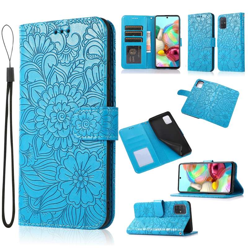 For Samsung Galaxy A71 Skin Feel Embossed Sunflower Horizontal Flip Leather Case with Holder & Card