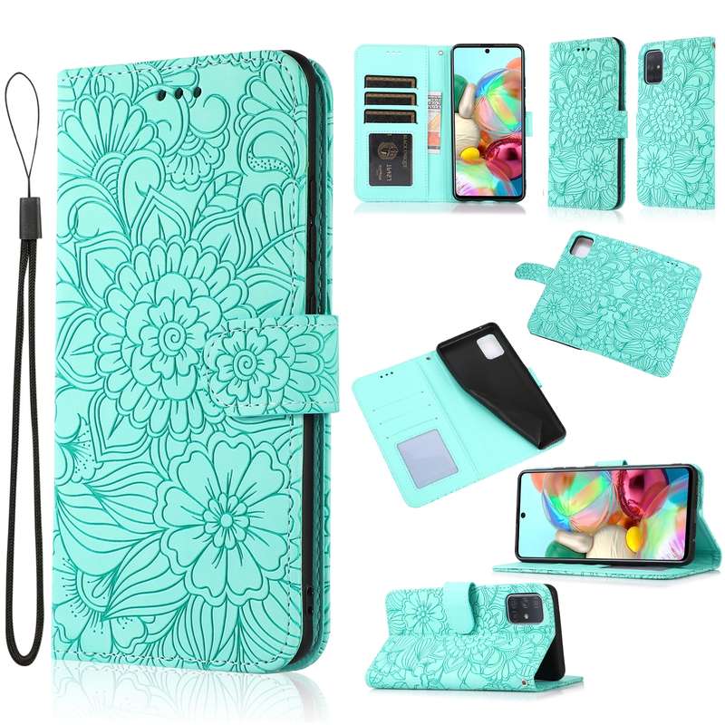 For Samsung Galaxy A71 Skin Feel Embossed Sunflower Horizontal Flip Leather Case with Holder & Card