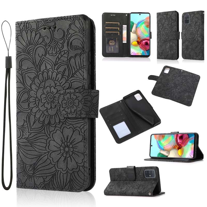 For Samsung Galaxy A71 Skin Feel Embossed Sunflower Horizontal Flip Leather Case with Holder & Card