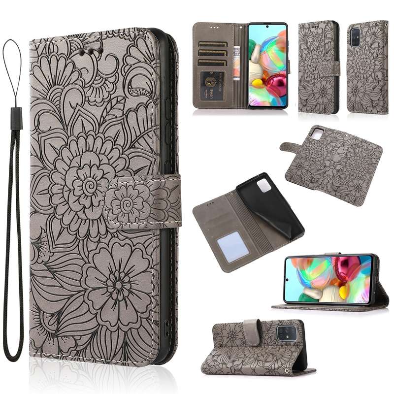 For Samsung Galaxy A71 Skin Feel Embossed Sunflower Horizontal Flip Leather Case with Holder & Card