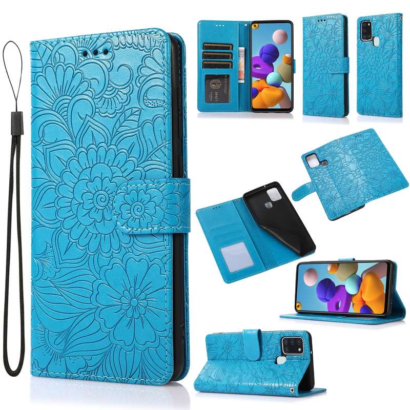 For Samsung Galaxy A21s Skin Feel Embossed Sunflower Horizontal Flip Leather Case with Holder & Card