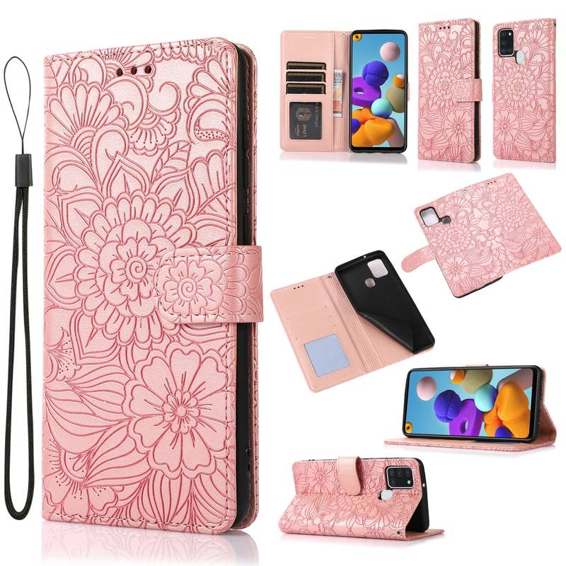 For Samsung Galaxy A21s Skin Feel Embossed Sunflower Horizontal Flip Leather Case with Holder & Card