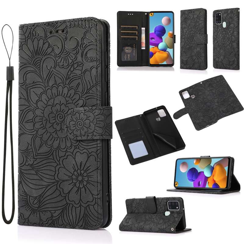 For Samsung Galaxy A21s Skin Feel Embossed Sunflower Horizontal Flip Leather Case with Holder & Card