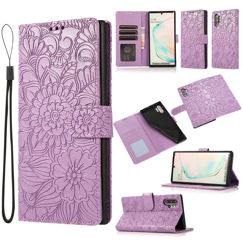 For Samsung Galaxy Note10+ Skin Feel Embossed Sunflower Horizontal Flip Leather Case with Holder & C
