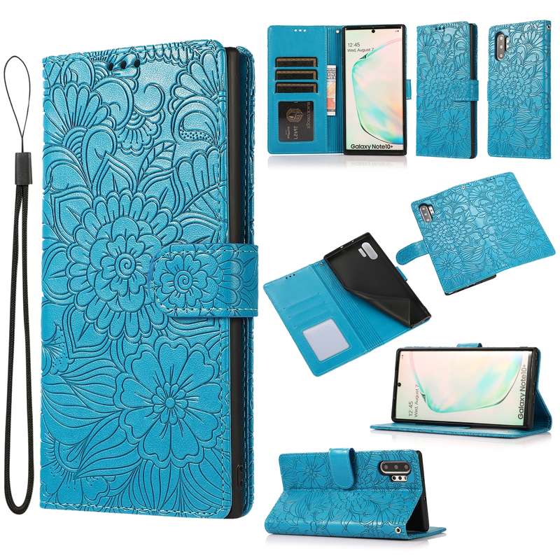 For Samsung Galaxy Note10+ Skin Feel Embossed Sunflower Horizontal Flip Leather Case with Holder & C