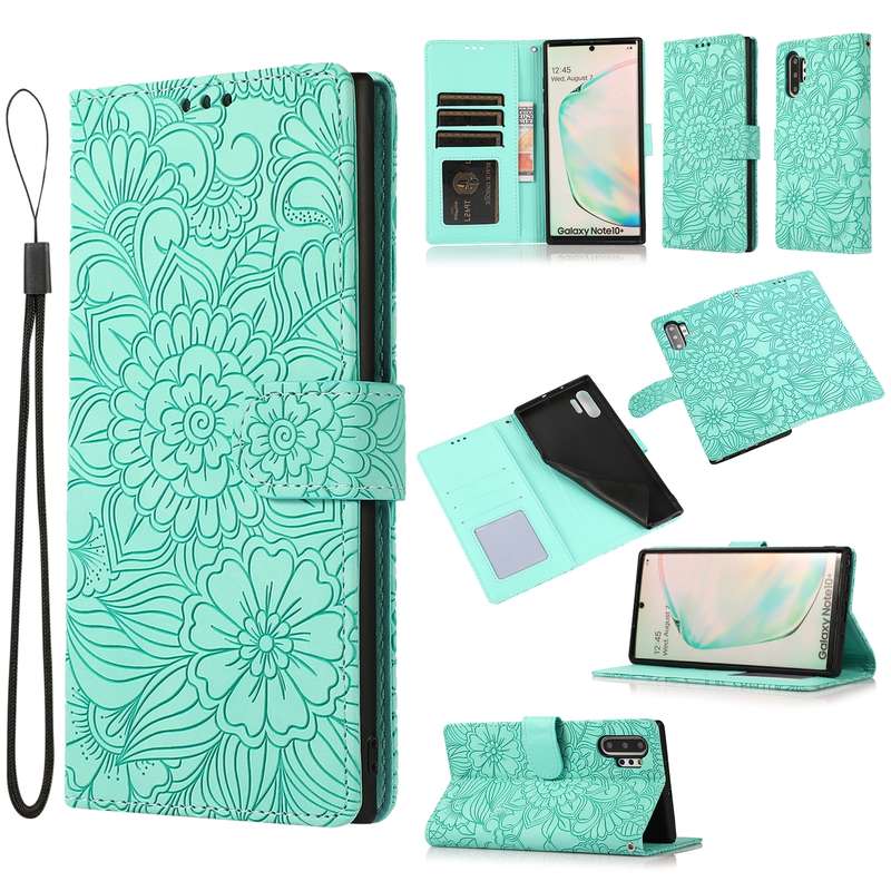 For Samsung Galaxy Note10+ Skin Feel Embossed Sunflower Horizontal Flip Leather Case with Holder & C