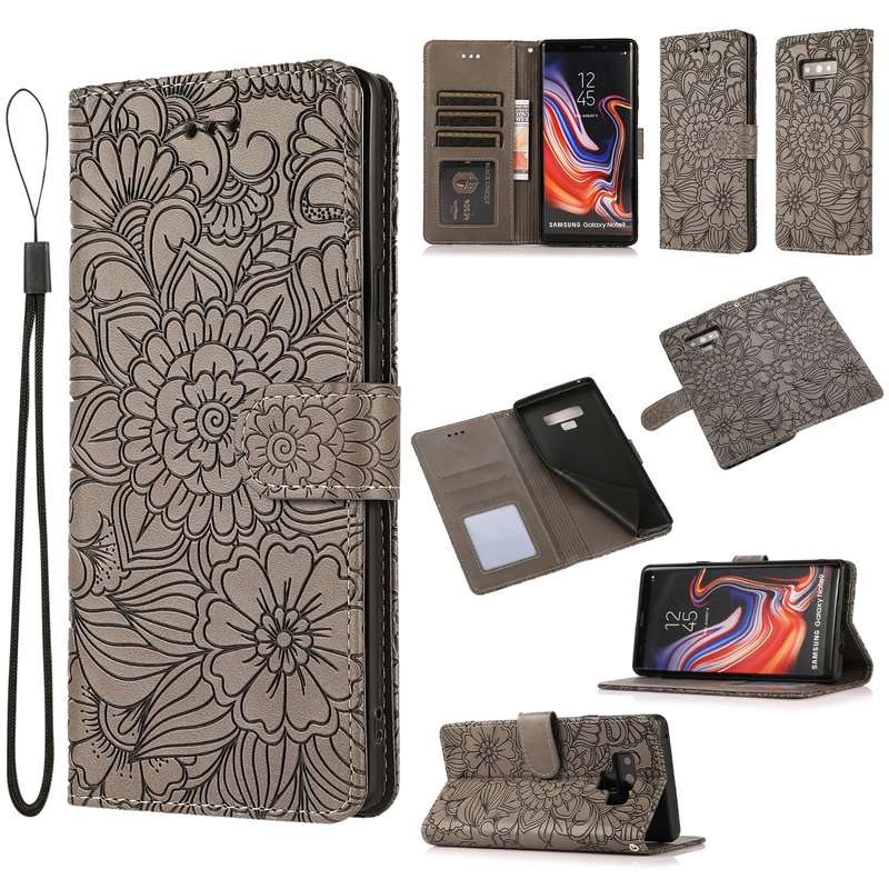 For Samsung Galaxy Note9 Skin Feel Embossed Sunflower Horizontal Flip Leather Case with Holder & Car