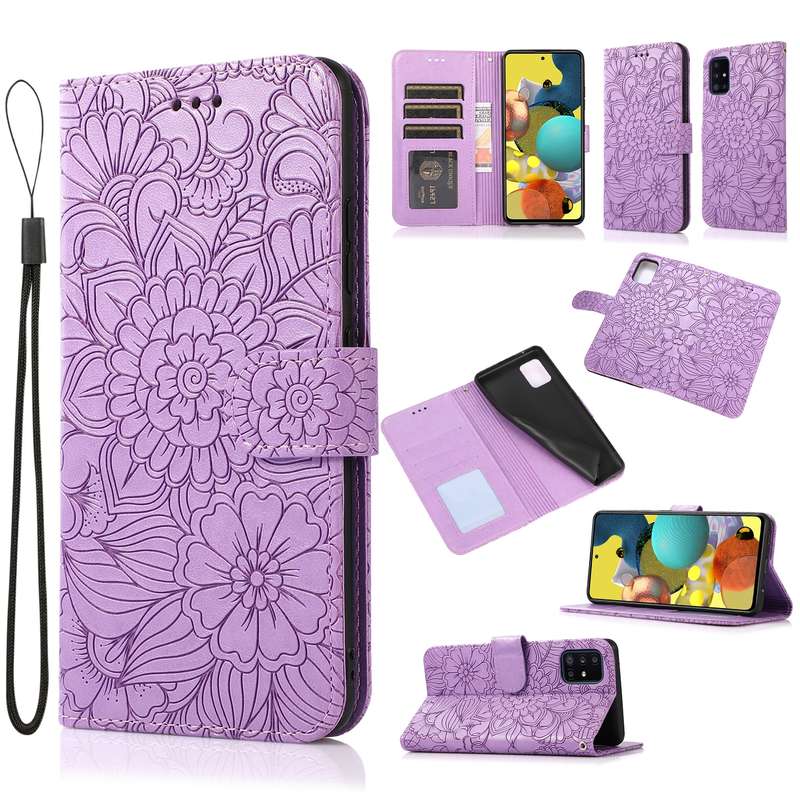 For Samsung Galaxy A51 Skin Feel Embossed Sunflower Horizontal Flip Leather Case with Holder & Card