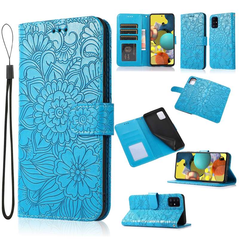 For Samsung Galaxy A51 Skin Feel Embossed Sunflower Horizontal Flip Leather Case with Holder & Card