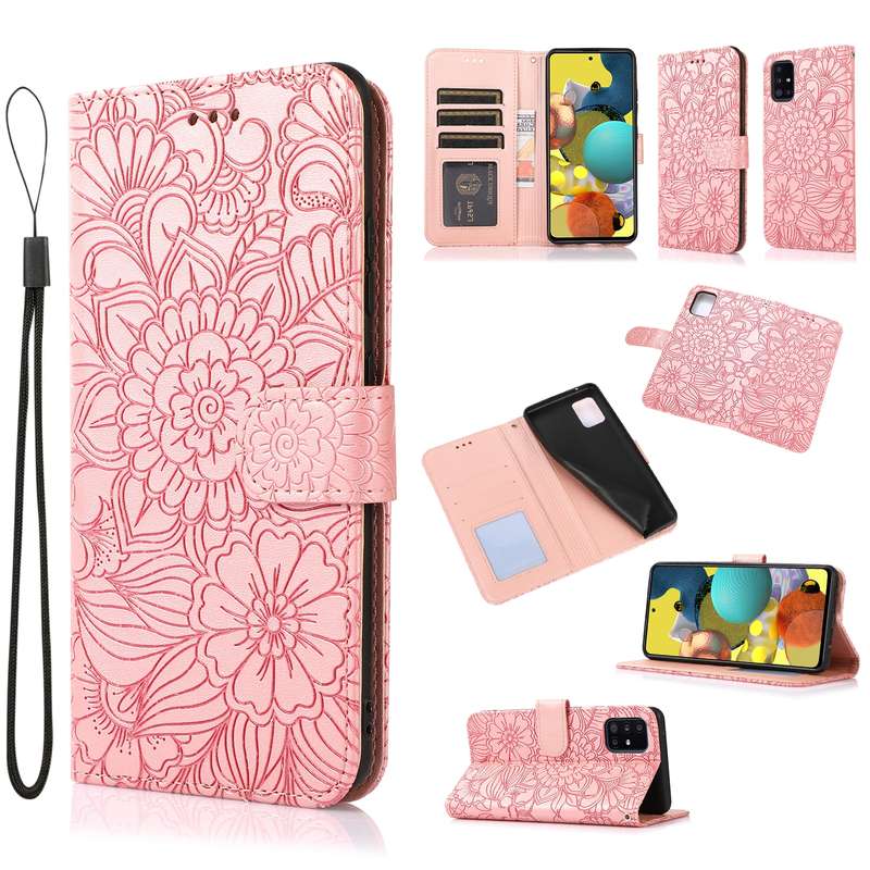 For Samsung Galaxy A51 Skin Feel Embossed Sunflower Horizontal Flip Leather Case with Holder & Card