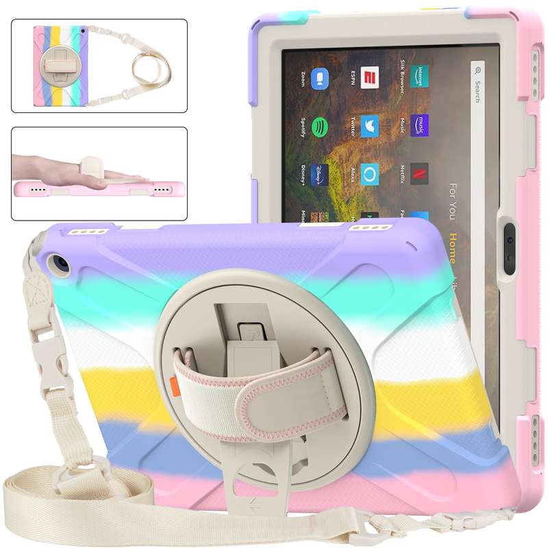 For Amazon Kindle Fire HD 10 2021 Silicone + PC Protective Case with Holder & Shoulder Strap(Black)