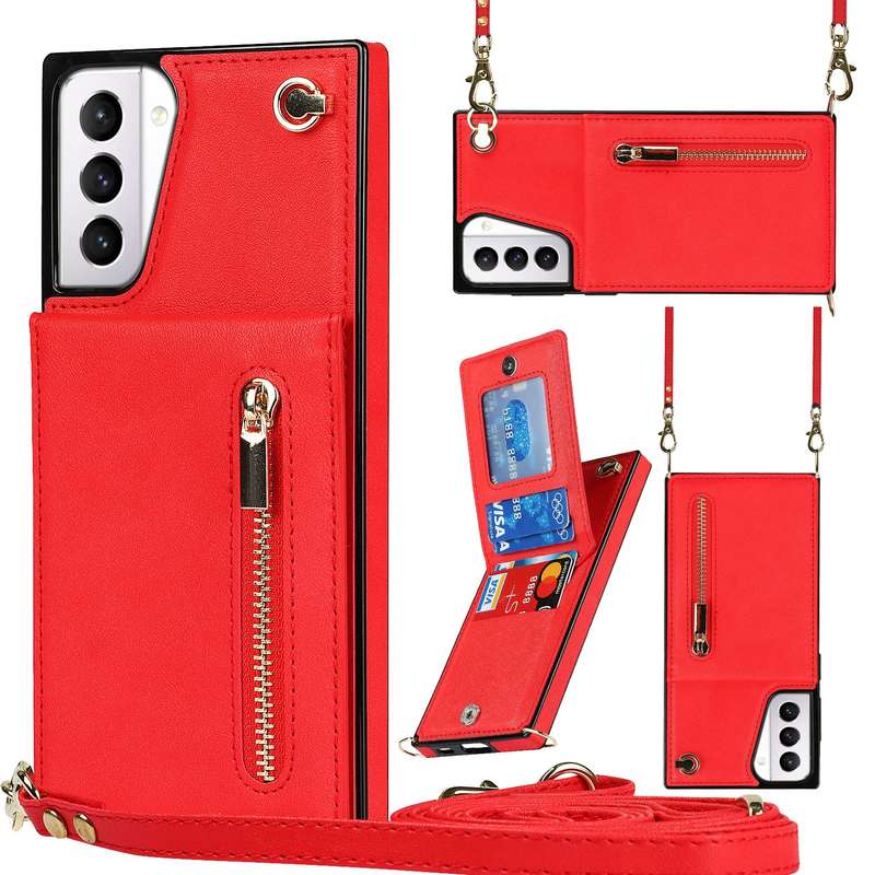 For Samsung Galaxy S21+ 5G Cross-body Zipper Square TPU+PU Back Cover Case with Holder & Card Slots