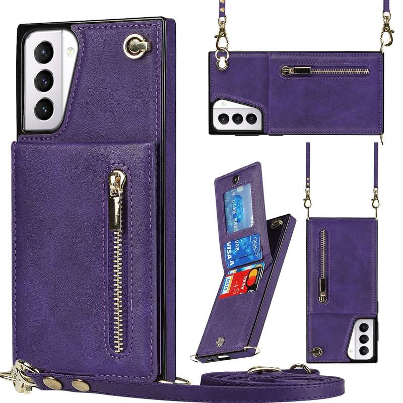 For Samsung Galaxy S21+ 5G Cross-body Zipper Square TPU+PU Back Cover Case with Holder & Card Slots