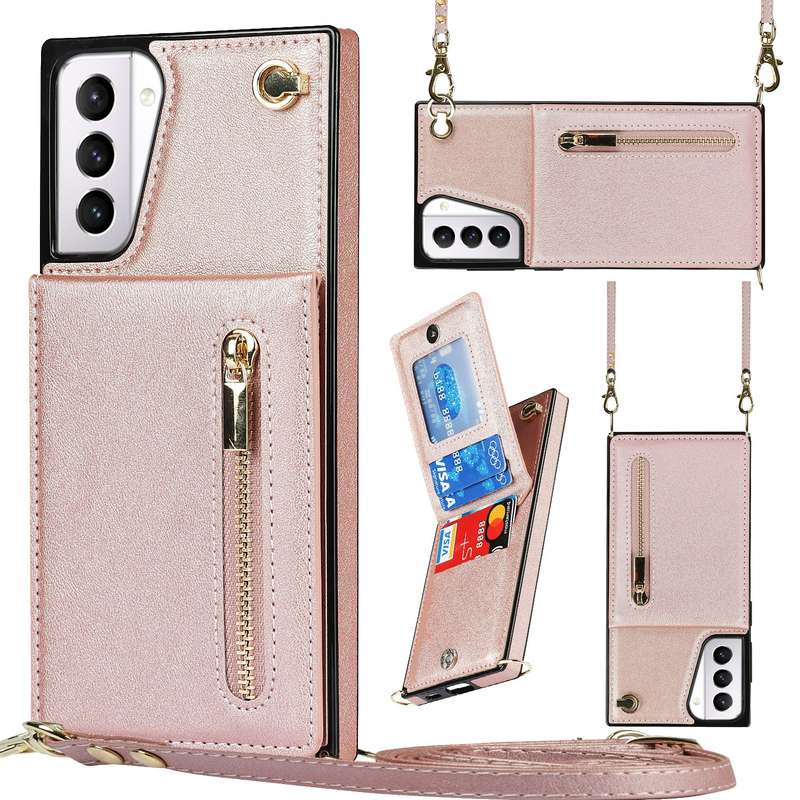 For Samsung Galaxy S21+ 5G Cross-body Zipper Square TPU+PU Back Cover Case with Holder & Card Slots