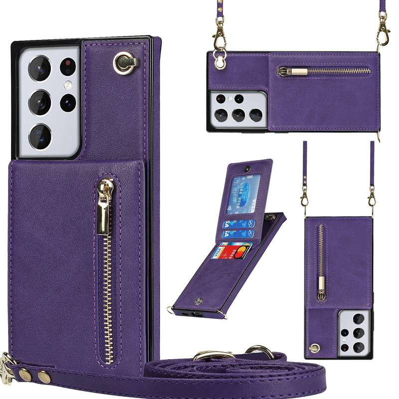 For Samsung Galaxy S21 Ultra 5G Cross-body Zipper Square TPU+PU Back Cover Case with Holder & Card S