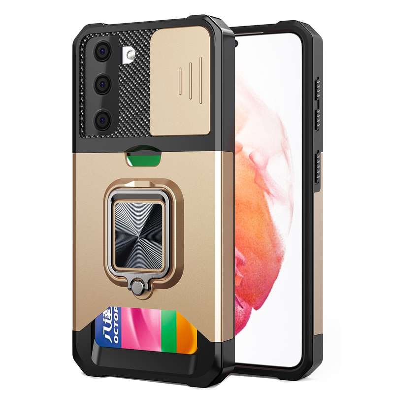 For Samsung Galaxy A12 Sliding Camera Cover Design PC + TPU Shockproof Case with Ring Holder & Card