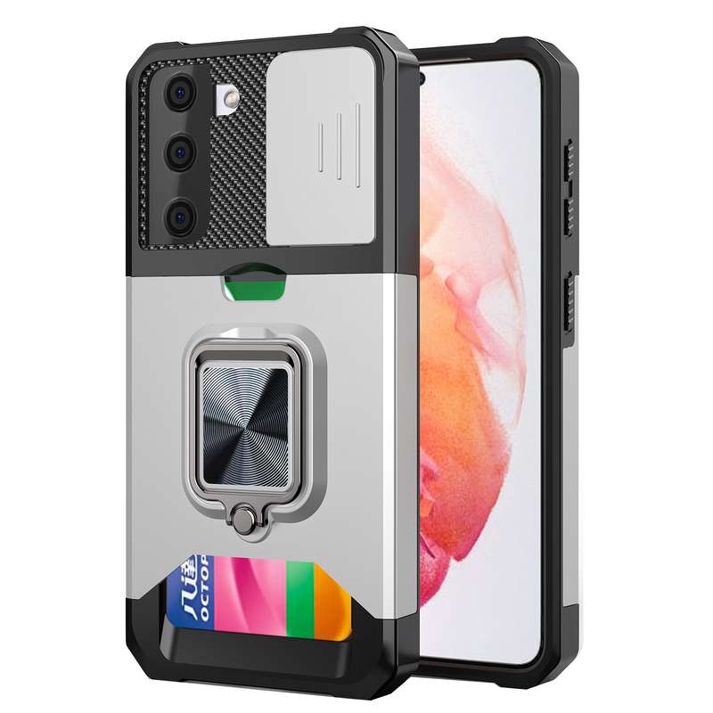 For Galaxy S10+ Carbon Fiber Protective Case with 360 Degree Rotating Ring Holder(Green)