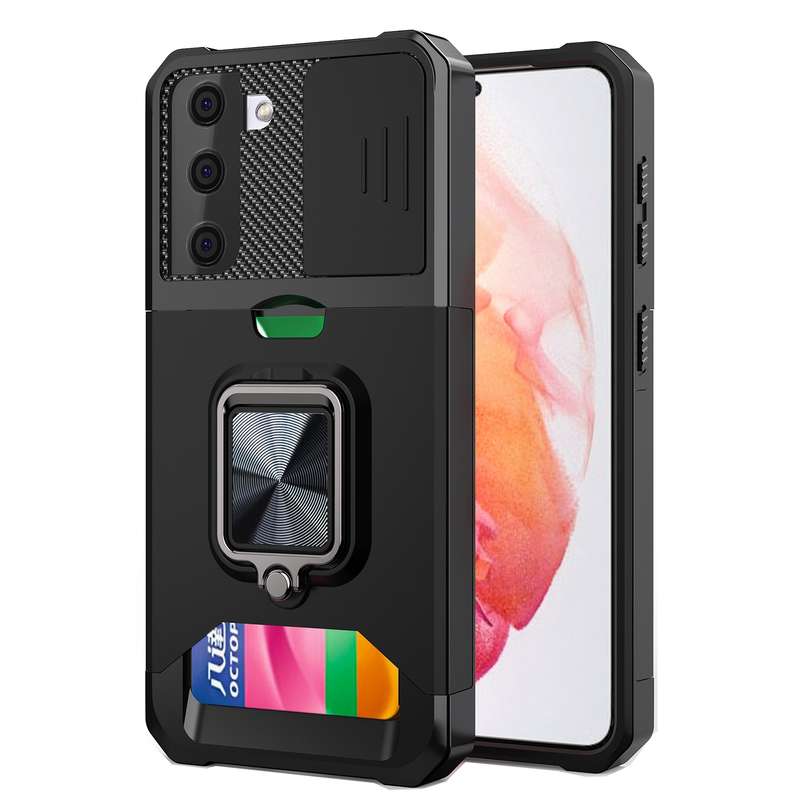 For Galaxy S10+ Carbon Fiber Protective Case with 360 Degree Rotating Ring Holder(Green)