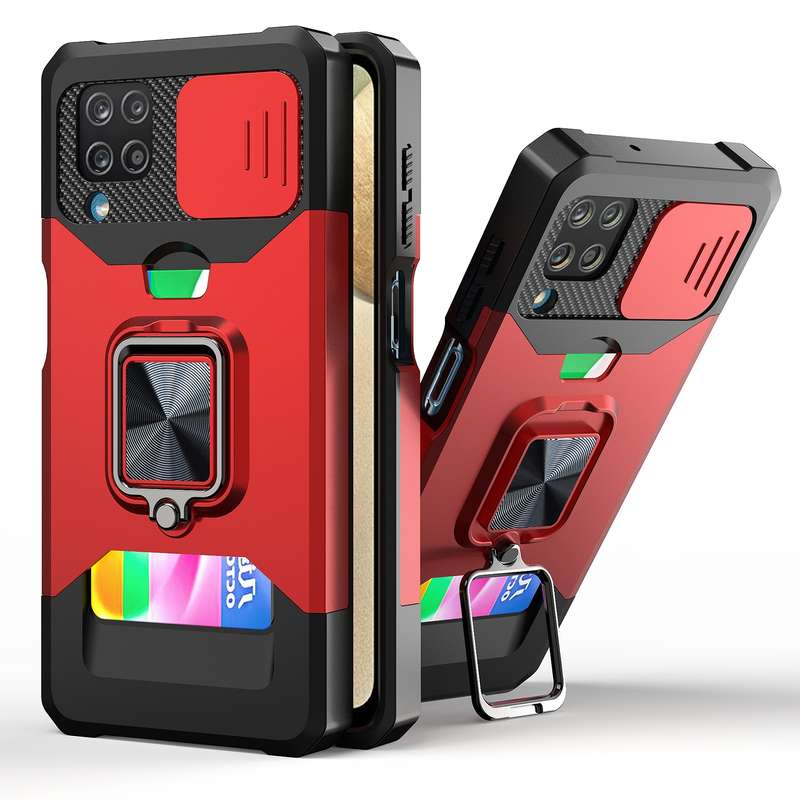 For Samsung Galaxy A12 Sliding Camera Cover Design PC + TPU Shockproof Case with Ring Holder & Card