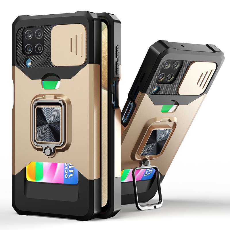 For Samsung Galaxy A12 Sliding Camera Cover Design PC + TPU Shockproof Case with Ring Holder & Card