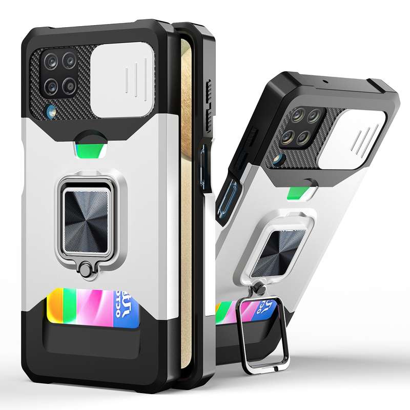 For Samsung Galaxy A12 Sliding Camera Cover Design PC + TPU Shockproof Case with Ring Holder & Card