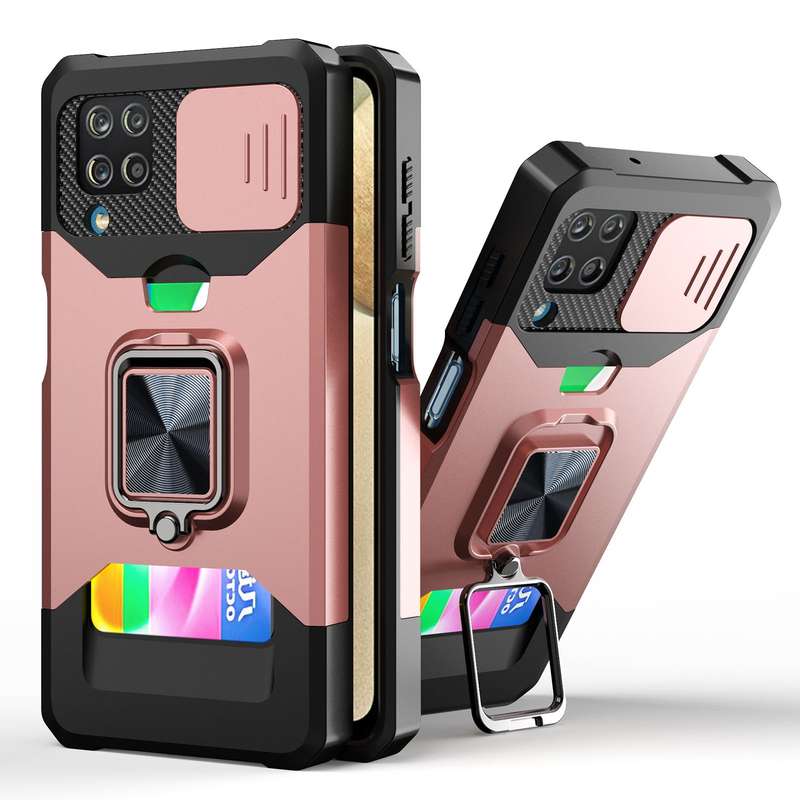 For Samsung Galaxy A12 Sliding Camera Cover Design PC + TPU Shockproof Case with Ring Holder & Card