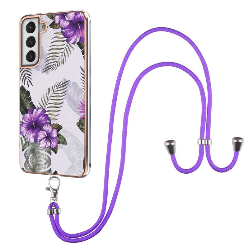 For Samsung Galaxy S21 FE Electroplating Pattern IMD TPU Shockproof Case with Neck Lanyard(Milky Way